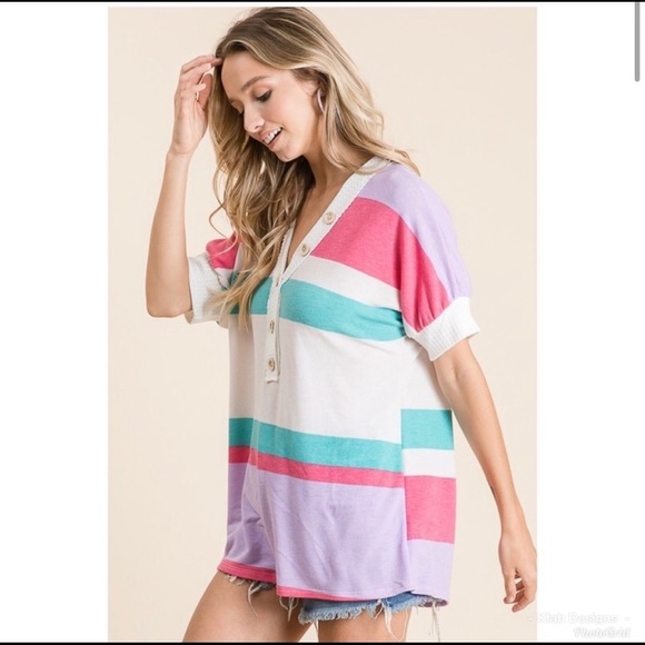 New! Clearance 🔥 Soft Knit Button Vneck Waffle knit Multi Stripe retro Top - Picture 3 of 7